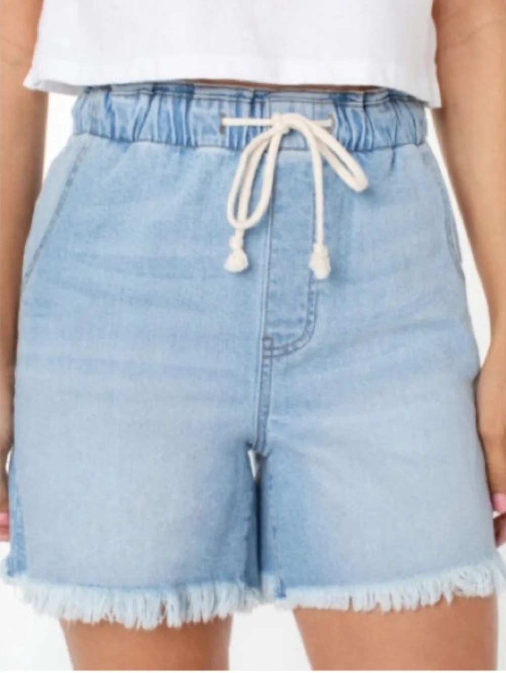 Celebrity Pink Ultra High Rise‎ Drawstring Pull On Raw Hem Blue Denim Short Sz M